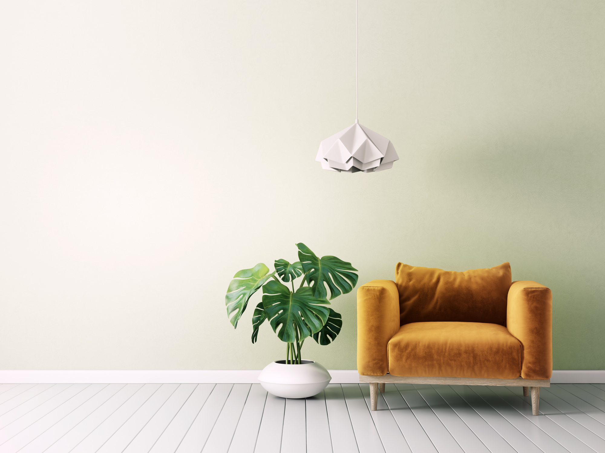 Yellow Chair with Indoor Plant and Lamp